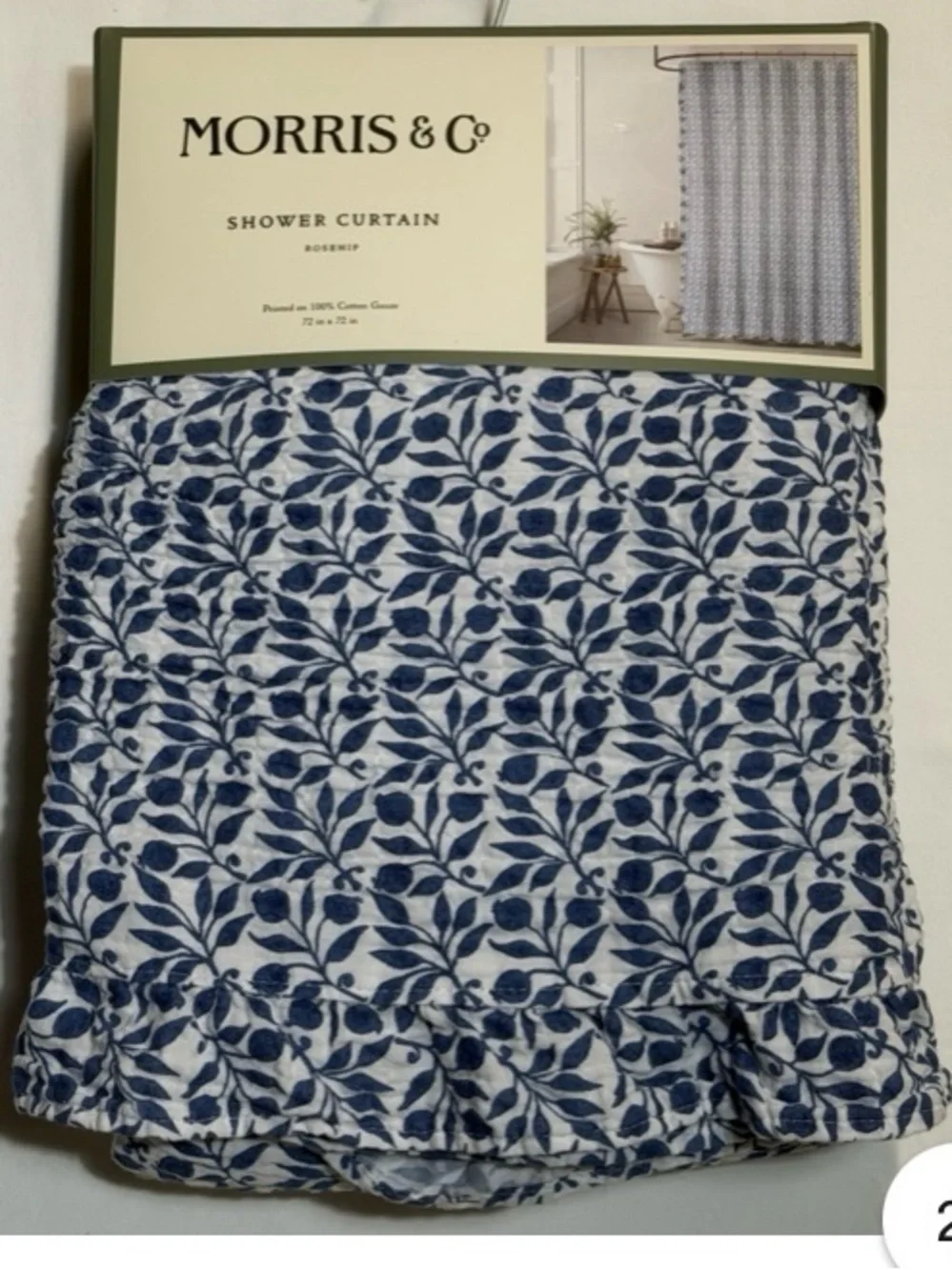 NWT Morris and Co 100% cotton gauze shower curtain-blue/white pattern “Rosehip”